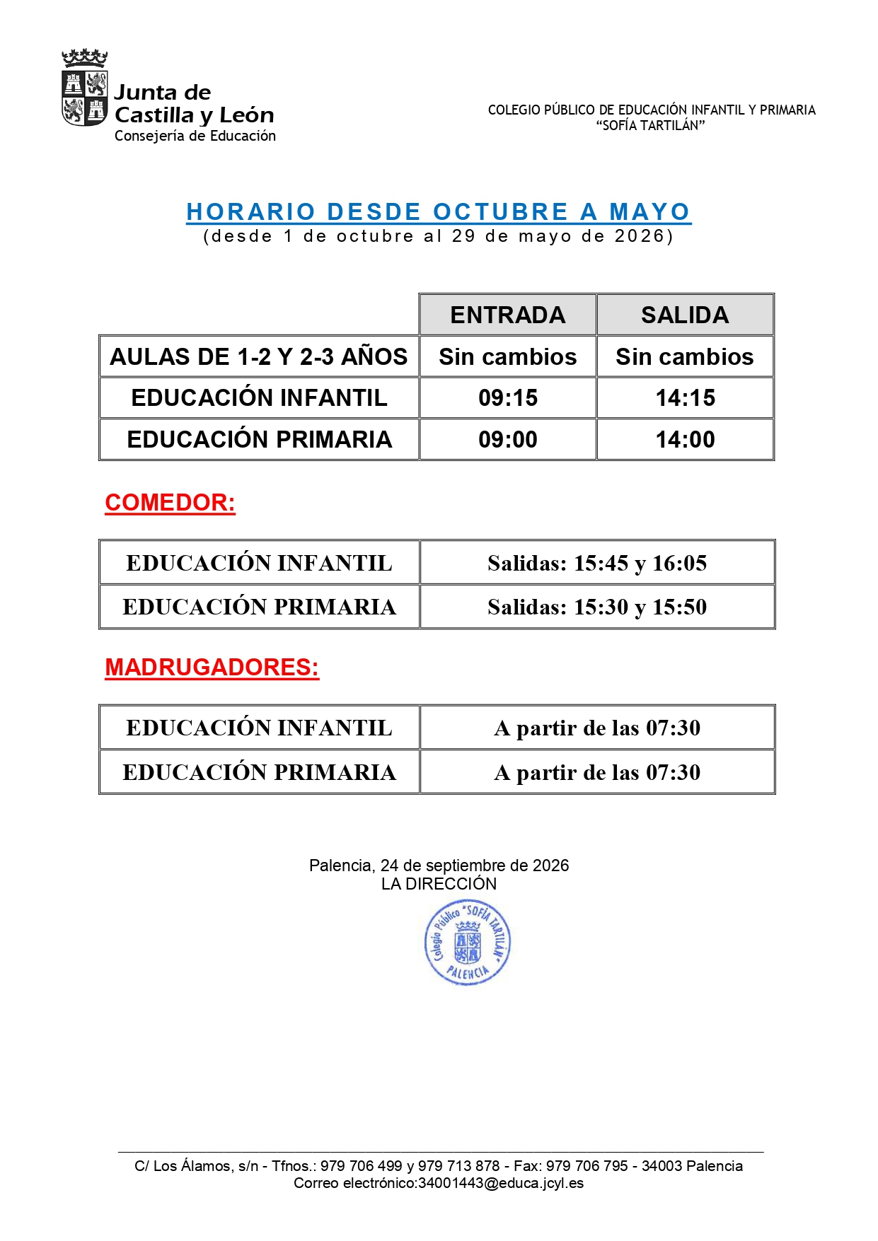 Horario octubre a mayo