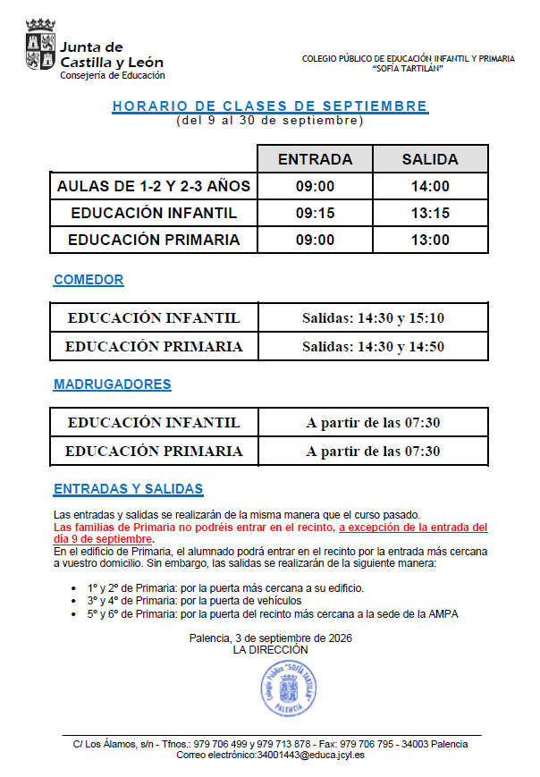 Horario septiembre 2026